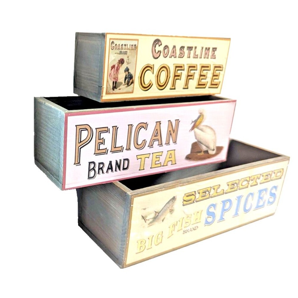 Decorative Wood Boxes 3pc Rectangle Spice Coffee Tea Labels Rustic Storage Gift - Picture 5 of 10